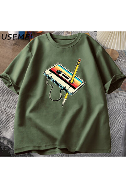 Drippy Tricou cu muzică retro pentru bărbați și femei cu model de stilou cu bandă de casetă din anii 80 - mânecă scurtă