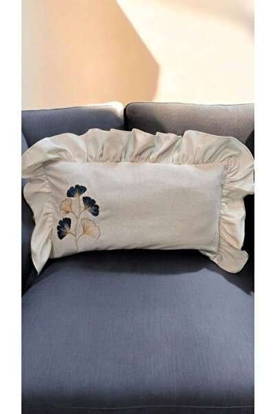 shules collection كتان مستطيل - غطاء وسادة مطرز بأوراق الجنكة وكشكشة