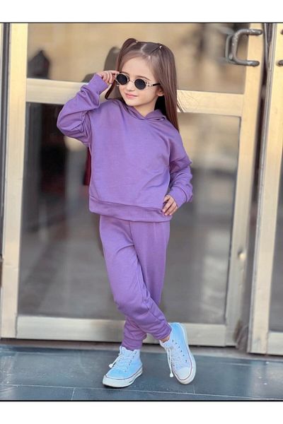 renkli diyar Girl's Bottom Top Set Long Sleeve Hooded Sweat and Pant Double Set