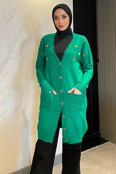 julude Ζακέτα με πράσινη φλοράλ κεντημένη πέτρα Hijab μακριά πλεκτή ζακέτα