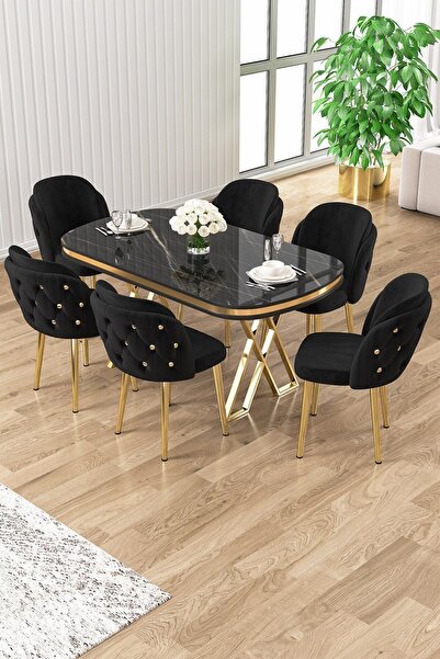 Canisa Zae Serisi 90x168 Lak Panel Siyah Mermer Desen Gold Ayak Masa Takımı 6...