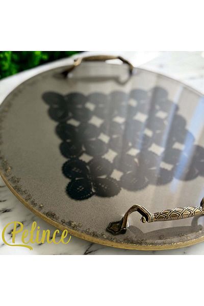 Home Epoxy Resin Lace Tray - Black Square Lace with Gold Stones - Diameter: 30 cm