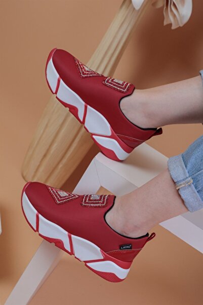 layki İmmobile Red Colored Front Shiny Stone Parachute Fabric Lux Women's Sports Shoes