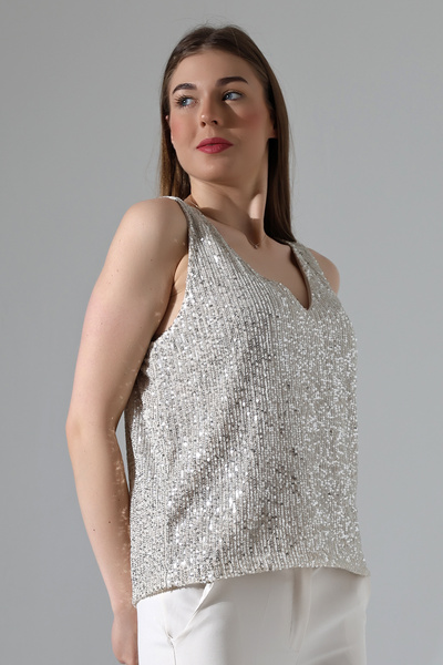 LOKADI Γυναικεία μπλούζα με παγιέτες V λαιμόκοψη