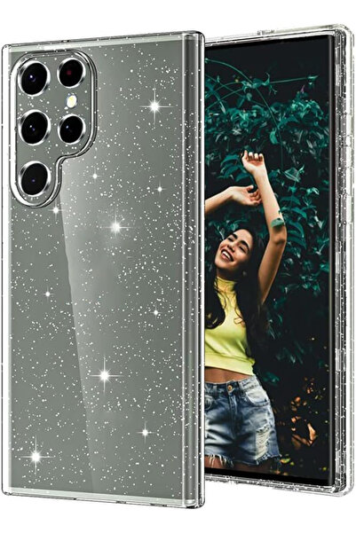 Merwish Samsung Galaxy S24 Ultra Uyumlu Şeffaf Simli Kılıf Yükseltilmiş Kamer...