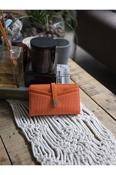 Moom Bag Women's Orange Knitted Texture Gold Accessory Detailed Wallet