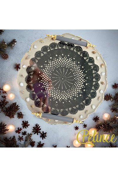 Home Epoxy Resin Lace Tray - Black Lace and Seashell - Diameter: 25 cm