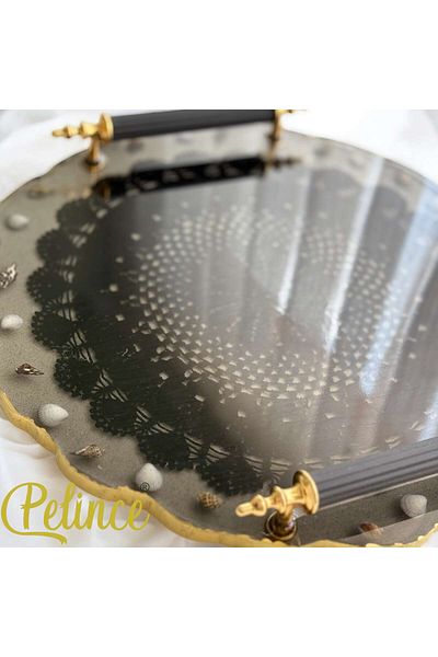 Home Epoxy Resin Lace Tray - Black Lace and Seashell - Diameter: 25 cm
