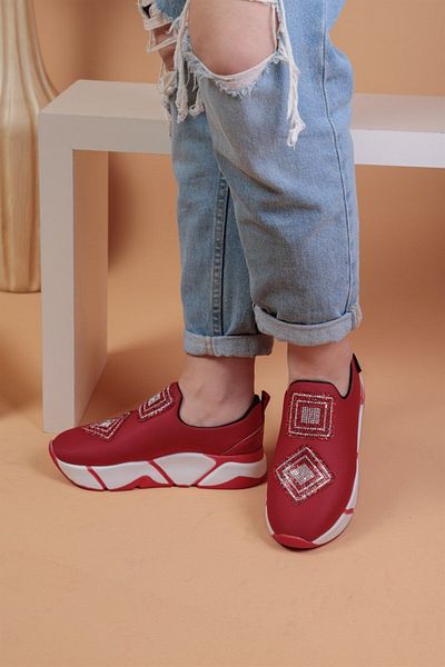 layki İmmobile Red Colored Front Shiny Stone Parachute Fabric Lux Women's Sports Shoes