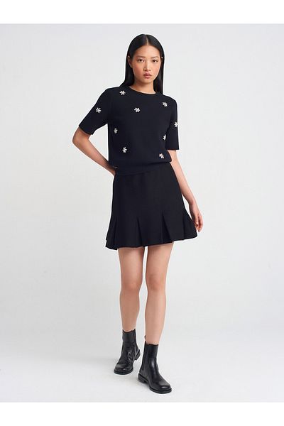 Dilvin 80121 Thick Pleated Knitwear Skirt with Elastic Waist-Black