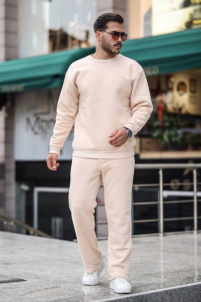 NO1 KONSEPT Beige 3 Thread Raised Crew Neck Baggy Tracksuit Set