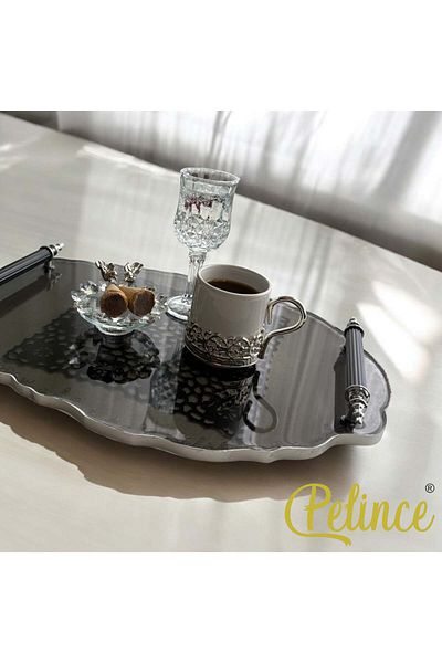 Home Black Lace Epoxy Tray - Silver Stone Detail, 23X33 cm