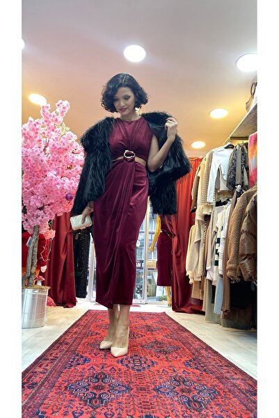 AYLİMODA Bordo Kadife Elbise