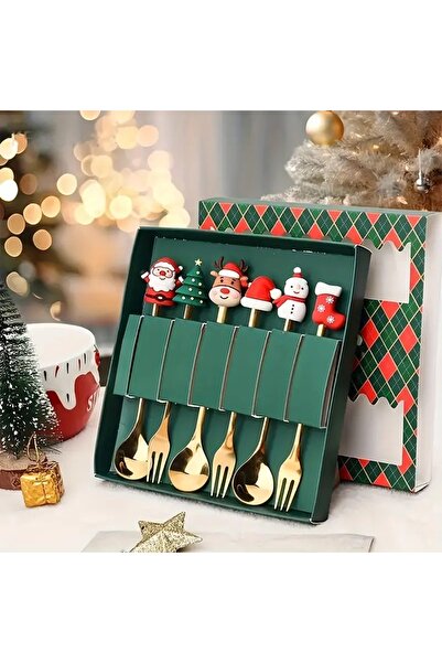 Home Noel Kahve & Tatlı Kaşık -Çatal 6 Lı Kutulu Set - Paslanmaz Çelik Golg Renk- Yeşil Kutulu