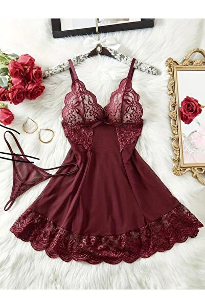 ymaltunışık Bordo Dantel Detaylı Romantik Gecelik Takımı