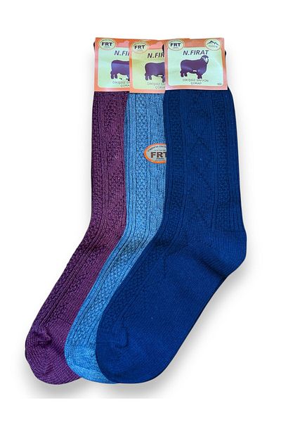 FIRAT Men's Wool Winter Burgundy Blue Navy Color 3 Pairs Traditional Printed Socks