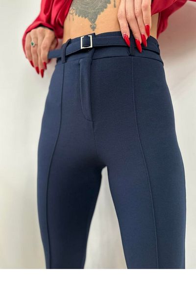FEVİLLE Women's Navy Blue High Waist Recovery Skinny Leg Buckle Fabric Trousers
