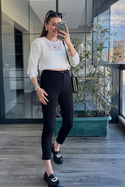 FEVİLLE Women's Black High Waist Recovery Narrow Leg Buckle Fabric Pants