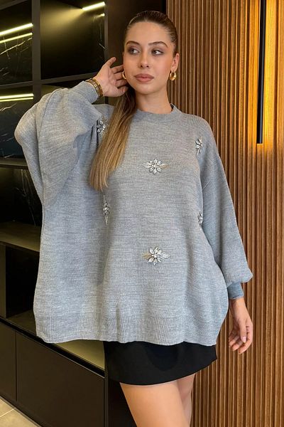GÜLSELİ Pulover de damă, cu gât de piatră gri, tricotaje casual