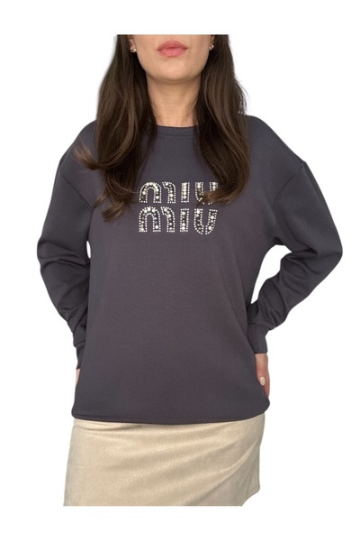 Butik Hepa-GG Miu İncili Uzun Kollu Lacivert Kadın Bluz