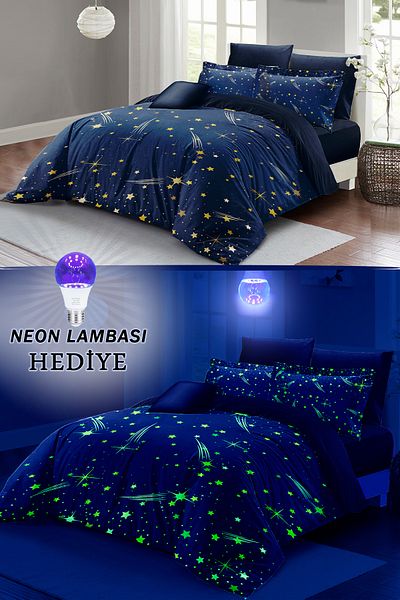 MonoHome Neon Phosphorescent Double Duvet Cover Set - 100% Cotton Satin, Elastic