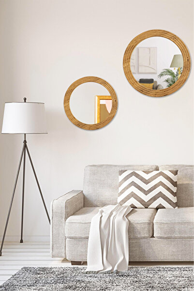 MONTESEV Antik Ahşap 2 Li Dekoratif Ayna Seti Yuvarlak Ayna Duvar Aynası Bany...