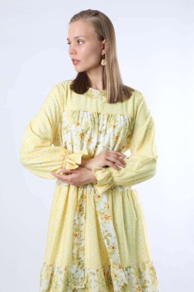 ZÜLAYS Çıtır Desenli Büzgülü Elbise Limon