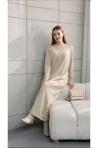 QUAWEAR Round Crew Neck Rhinestone Asymmetrical Pattern Full Length Stretchy Mercerized Fabric Hijab Dress
