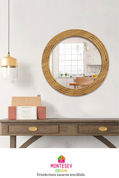 MONTESEV Antik Ahşap Dekoratif Ayna Yuvarlak Ayna Duvar Aynası Banyo Lavabo Aynası