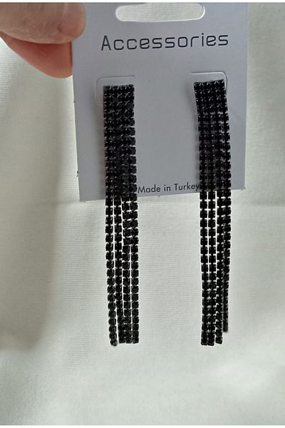 mos&more Black Stone 9cm Dangle Long Women's Evening Dress Earrings-4 Stripes