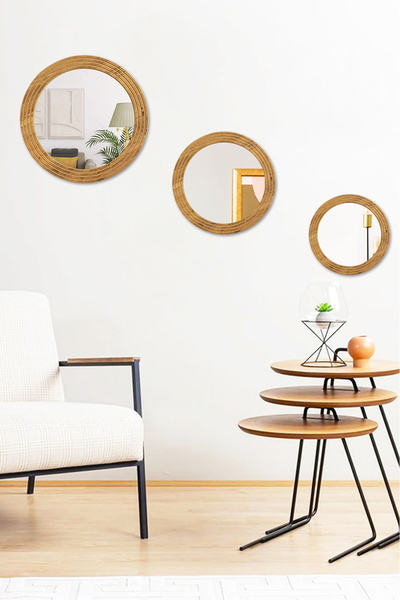 MONTESEV Antik Ahşap 3 Lü Dekoratif Ayna Seti Yuvarlak Ayna Duvar Aynası Bany...