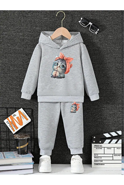 Genel Markalar SEVİMLİ KEDİ BASKILI UNİSEX KAPÜŞONLU ALT ÜST PAMUKLU ÇOCUK EŞOFMAN TAKIMI