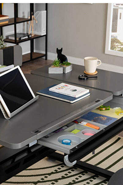 Creo Mobili Vega Advanced Profesyonel Ev Ofis Çalışma Masası, Yükseklik Ayarlı Masa + Sandalye - Antrasit/Gri