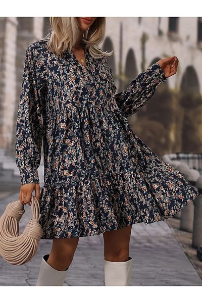 MODAVERA    Women's Long Sleeve Judge V-Neck Patterned Flounce Single Jersey Dress