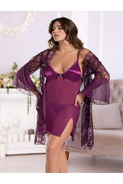 Bleu Petite Lace Tulle Detailed 3-Piece Dressing Gown, Nightgown and Thong Set
