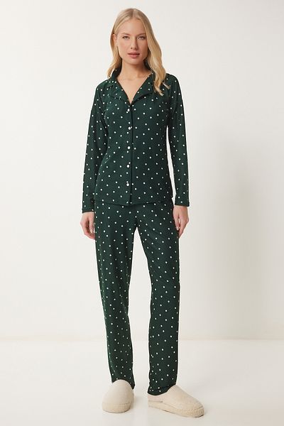 Lovelyİstanbul Set pijamale cămașă și pantaloni cu model tricotat - VERDE EMERAL LPQ0001