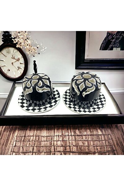 AYGEN Handmade Seramik Çini Siyah Beyaz Damalı 2'li Set Mumluk