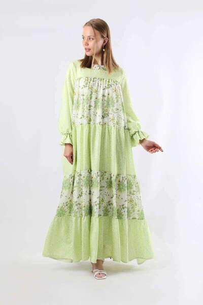 ZÜLAYS Çıtır Desenli Büzgülü Elbise Yeşil