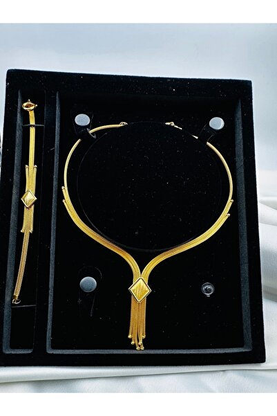 Adel Gold 14 Ayar Kadın Hasır Görünümlü Tokalı Dorika Toplu İkili Kalze zincir Set_G 21,53-Gr