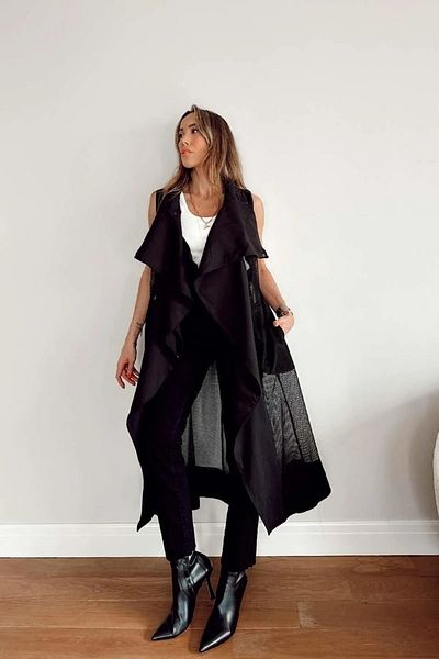 Qaju Women's Mesh Detail Design Long Vest-Black