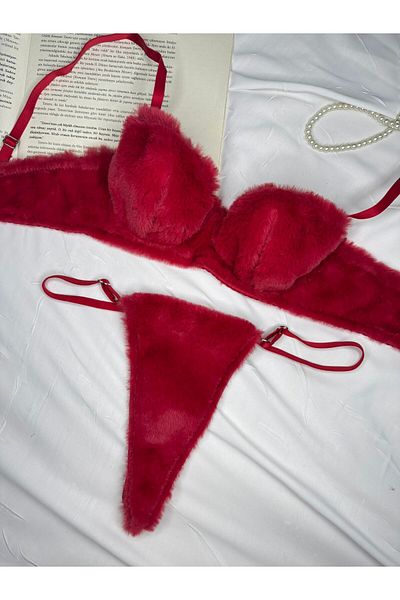 ROZENİN LINGERIE Red Soft Textured Plush Underwear Set