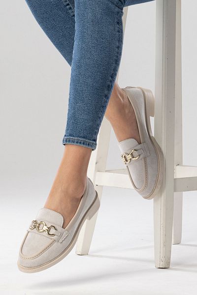 ShoePublic White Loafer Suede Women's Moccasin Stone Color Buckle Daily Wear Women's Casual Shoes