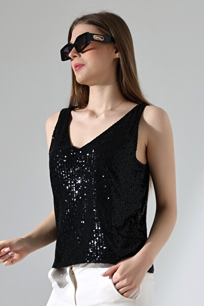 LOKADI Γυναικεία μπλούζα με παγιέτες V λαιμόκοψη