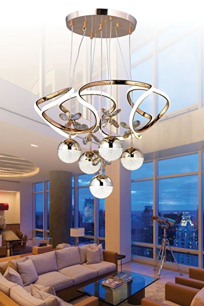 EY-EL TASARIM Galaksi Modern Sarkıt Led Avize 3 Renk Sarı Gold Kaplmalı Toplu Kelebek Taşlı