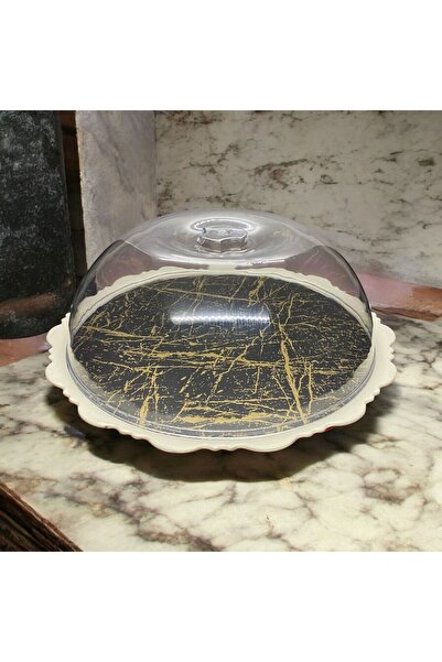 MorzaPazarı Melamine Footed Cake Jar with Lid White Gold Vein Tray 33cm Boxed (diameter:33cm High19cm 741gr)