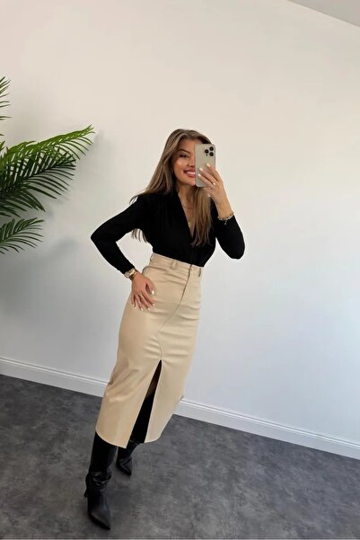 aura7 collection KADIN GİYİM LİKRALI YUMUŞAK DERİ MİDİ BOY KALEM ETEK