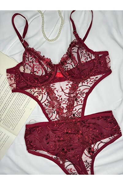 ROZENİN LINGERIE Μπορντό Δαντέλα Μπροντέ Floral Underwire Καπάκι Διαφανές κορμάκι