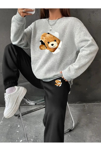 Frisson Kadın Kışlık Ayı Desenli Sweatshirt ve Jogger Takımı