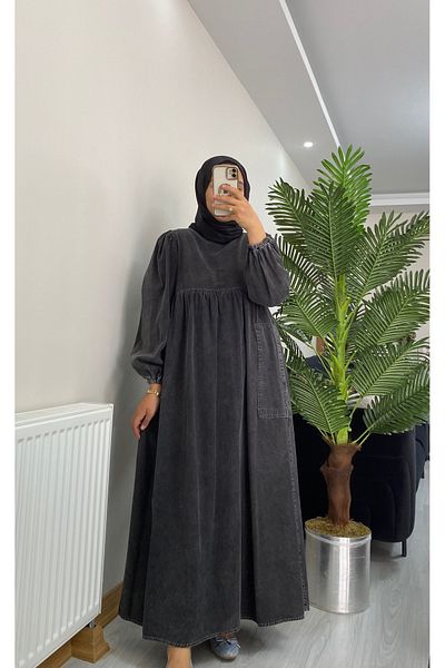 Aden aydın Sleeve Shirred Loose Comfortable Anthracite Gray Hijab Denim Dress - Jeans Dress