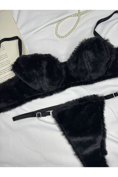 ROZENİN LINGERIE Set de lenjerie neagră din pluș cu textura moale